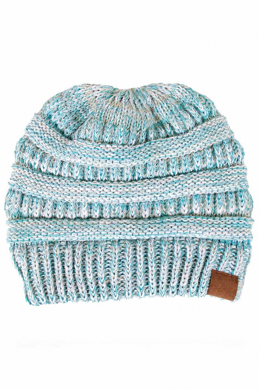 Light Teal, Brown, White Four Tone Thread Mix Color Cable Beanie Winter Hat: 004