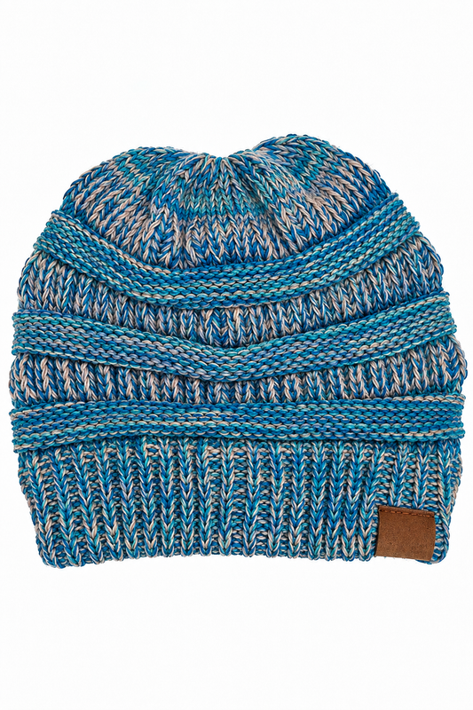 Blue, Teal Four Tone Thread Mix Color Cable Beanie Winter Hat