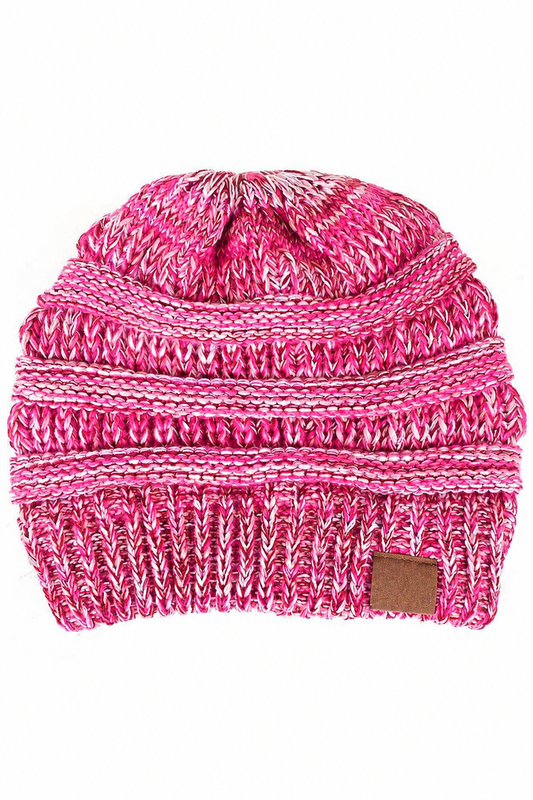 Raspberry Pink Heather Four Tone Thread Mix Color Cable Beanie Winter Hat